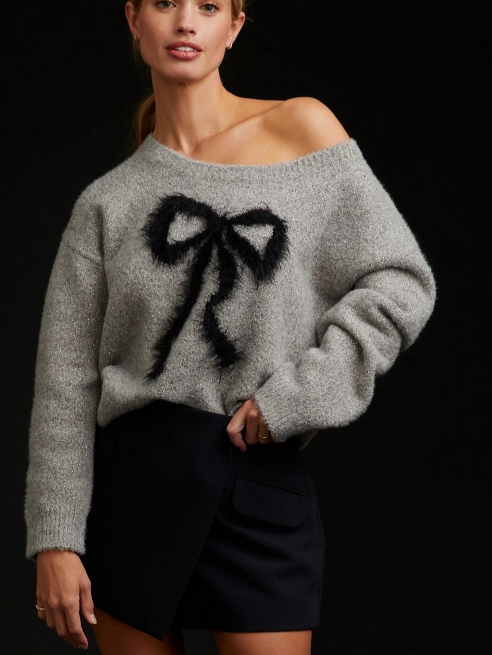 Maeve x Anthropologie Bow Sweater XL Gray Shimmer Fuzzy Off Shoulder Festive